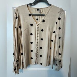 ePretty Beige Blouse with Black Polka Dots Size Small